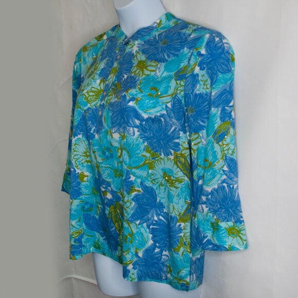 Talbots Embellished Floral Popover Top Womens LP PL Blue Petite Blouse KK12 - Picture 2 of 5